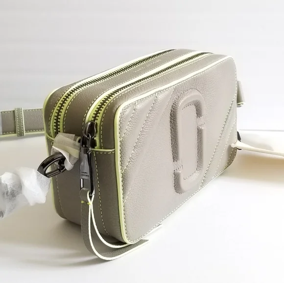 Marc Jacobs The Moto Shot 21 Leather Camera Crossbody Bag Gray Neon Green - Picture 3 of 7